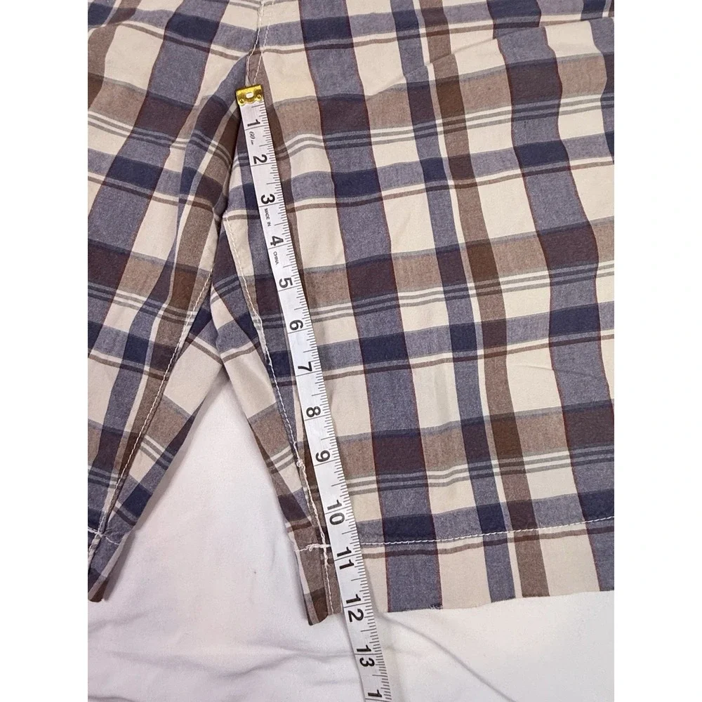 American Eagle Plaid Shorts Mens 36 Brown Blue Flat Front Casual Preppy Chino